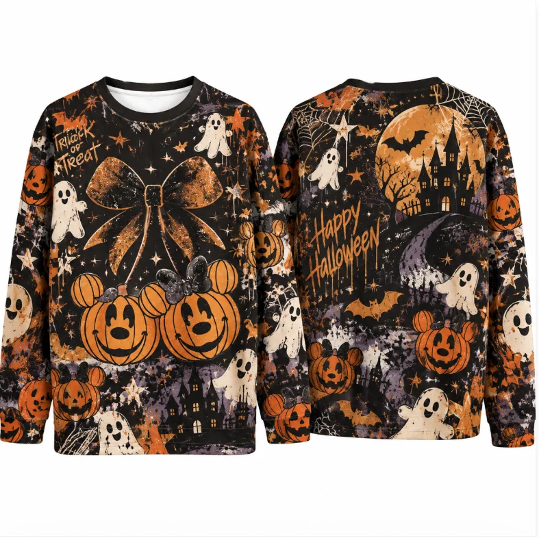 Unisex Halloween All Over Print Pullover, Ghost Pumpkin Bat Castle Graphic Sweatshirt, Casual Crew Neck Long Sleeve Tops