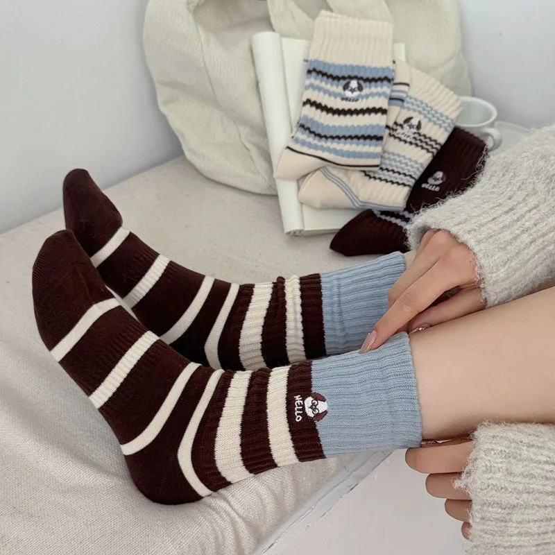4 Pairs Fall Winter Unisex Cartoon Japanese-Style Embroidered Dog Striped Mid-Calf Socks Fashion Cotton Ankle Socks High Quality