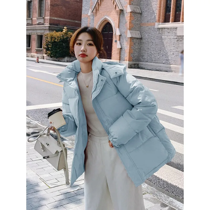 Autumn Winter Puffer Jacket Women Hooded Long Sleeve Parka Thick Warm Pockets Black White Pink Snow Clothes Korean Coat Loose