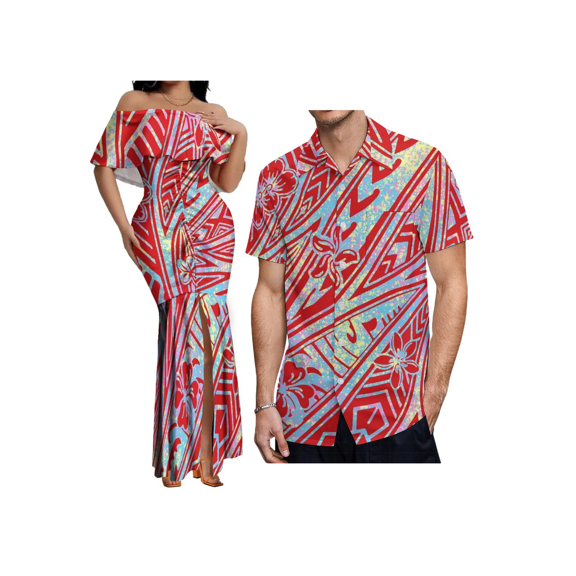 New High Quality Customized Polynesian Tribal Print Slit Pleated Plus Size Dress Women Long Ruffle Off Shoulder Fishtail Dress