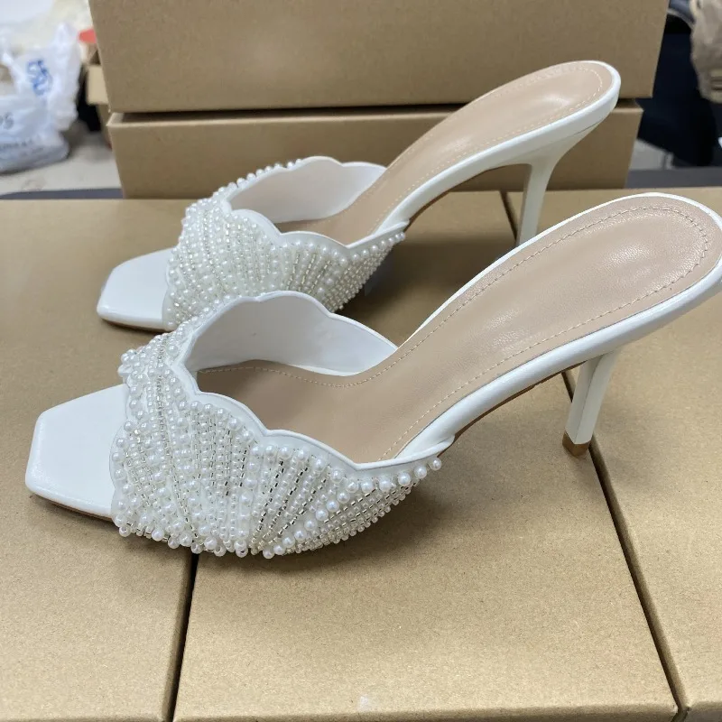 Women's Pearl Beaded Square Toe High Heel Sandals Open Toe Backless Stiletto Heels 2025 Trendy Party Wedding Shoes Summer Mules