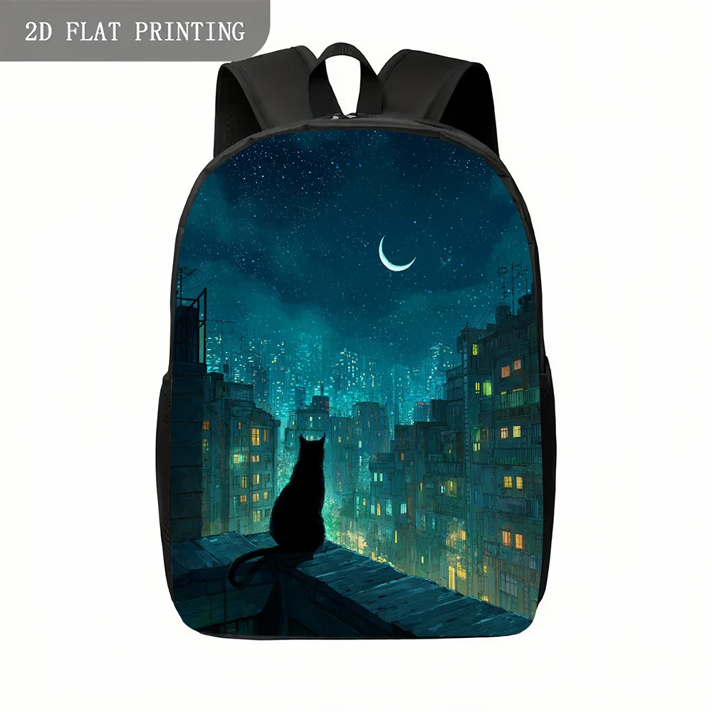 

1 Adorable Cat Backpack for College Students and Teens - Star City Night View Pattern School Bag with Crescent Moon and Roof
