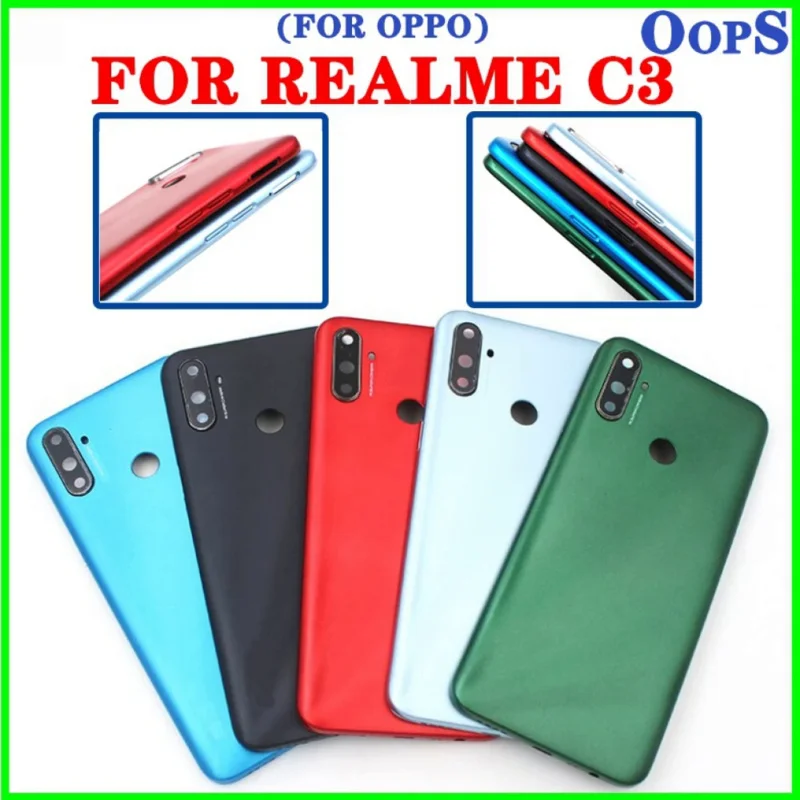 For OPPO Realme C3 Back Battery Cover Rear Panel Door Housing Case With Out Side Button & Camera Lens Repair Parts