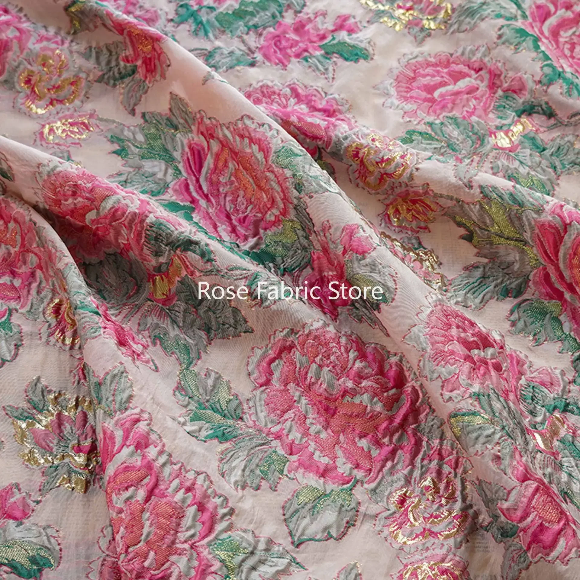 1 meter Rose Red Relief Gold Silk Large Flower Micro Transparent Jacquard Fabric For Spring Summer Dress Top Shirt Diy Sewing
