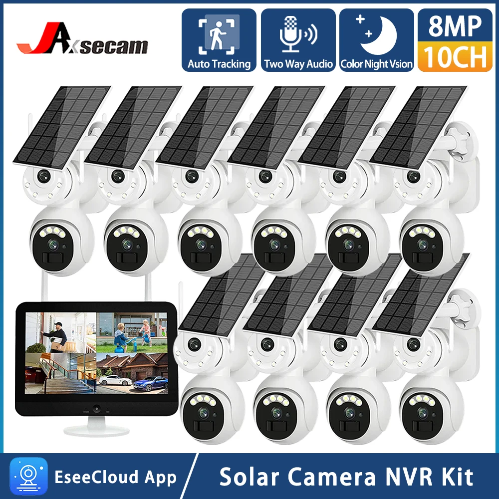 

10CH 4K Solar Wifi PTZ Security Camera Sytem 12.5" LCD Monitor NVR Kit 2 Way Audio Wireless CCTV Video Surveillance System Kit