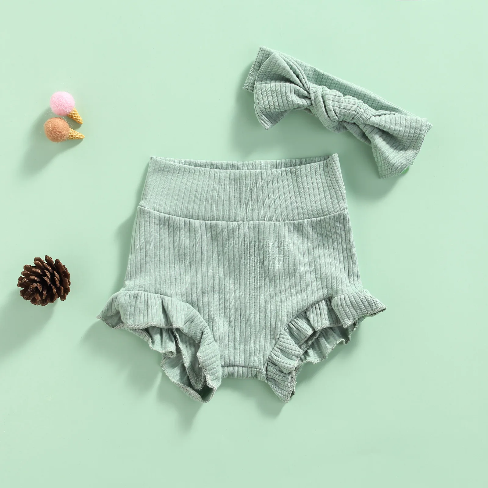 0-18 Months Summer Baby Shorts Baby Boy Girl High Waist Elastic Waist Solid Color Bloomers Shorts Headband Clothes Outfit