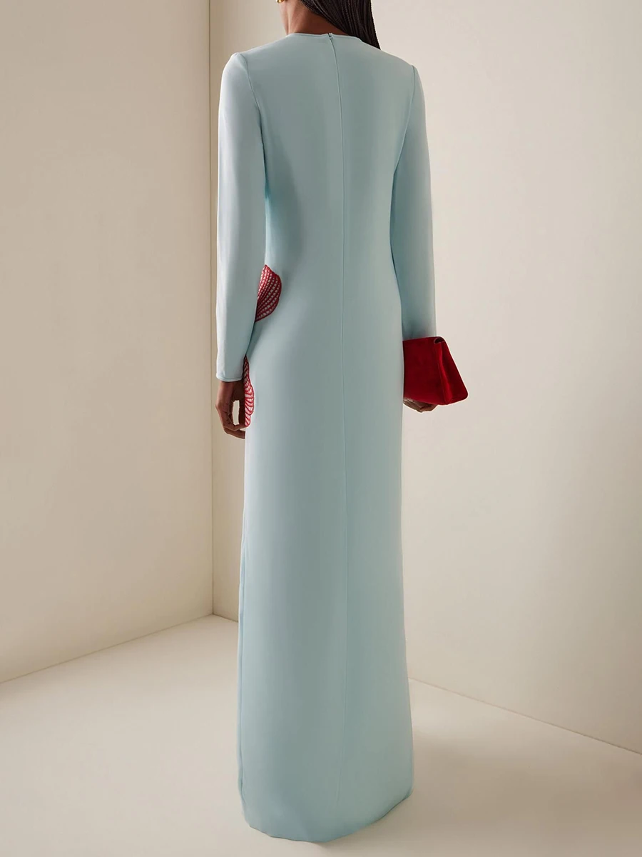 VGH High End Slim Embroidery Designer Dresses for Women O Neck Patchwork Cut Out Evening Floor Length Dress Female Fashion Style