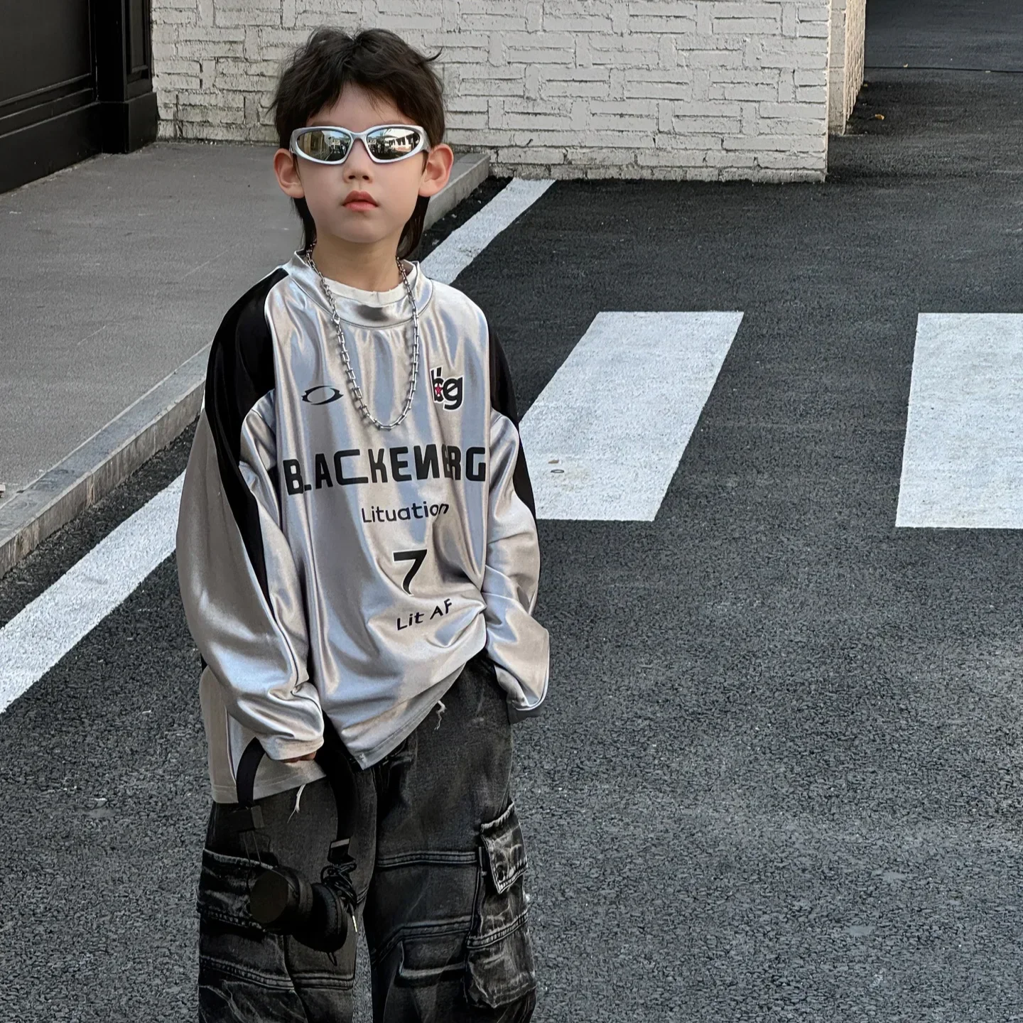 Children Clothing Casual Personality Loose Shirt 2024 Autumn New Korean Style Boys Handsome Fashion Silver Letter T Shirt