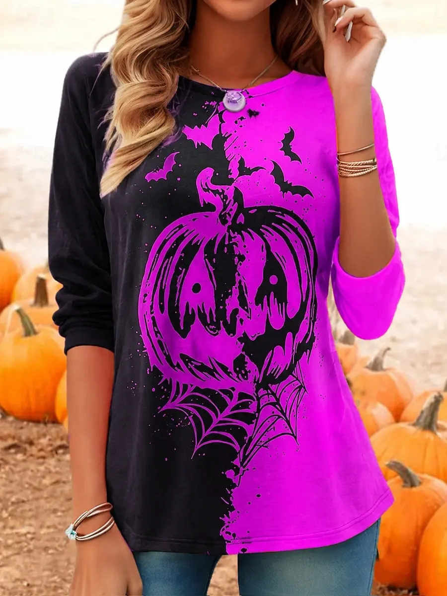 2026 New Women T-shirt Halloween Pumpkin Boo Print Long Sleeve Round Neck Streetwear Casual Top Fashion Women's Clothing view 3