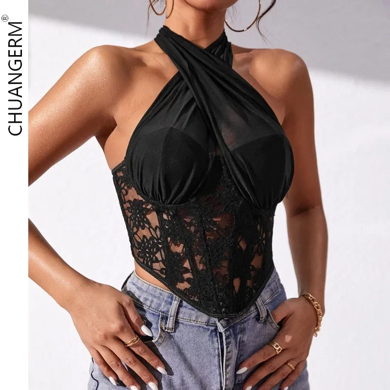 

CHUANGERM Sexy Women' Corset Mesh See Through Cross Halter-Neck Slim Crop Top Sleeveless Strapless Backless Bandage Bustier Top