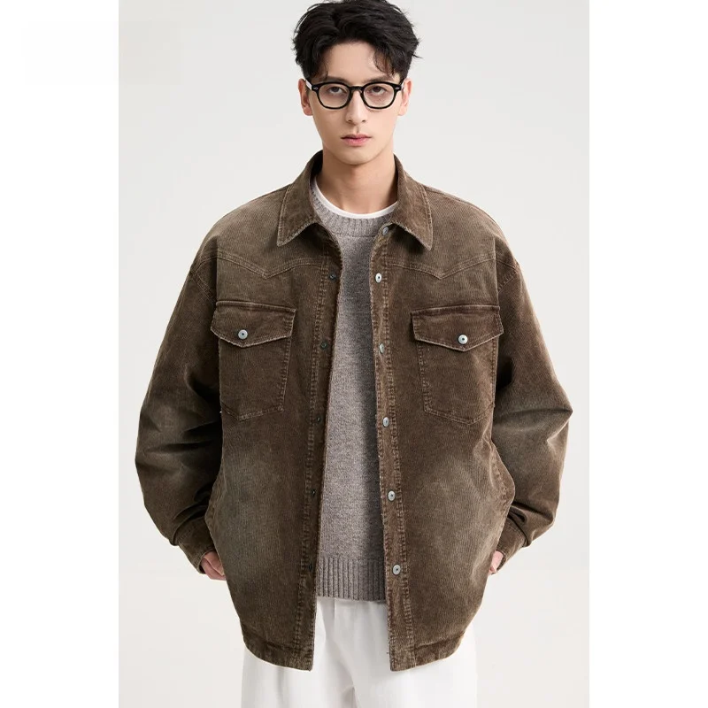 

Lightweight Corduroy Men's down Jaet Vintage Reversed Collar Warm Outerwear Casual Sle ort Length Loose Fit Outerwear