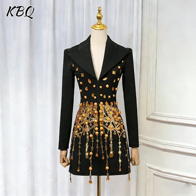 KBQ Spliced Sequins Formal Cocktail Coat for Women Lapel Long Sleeve Patchwork Yellow Rhinestones Luxurious Blazers Female New
