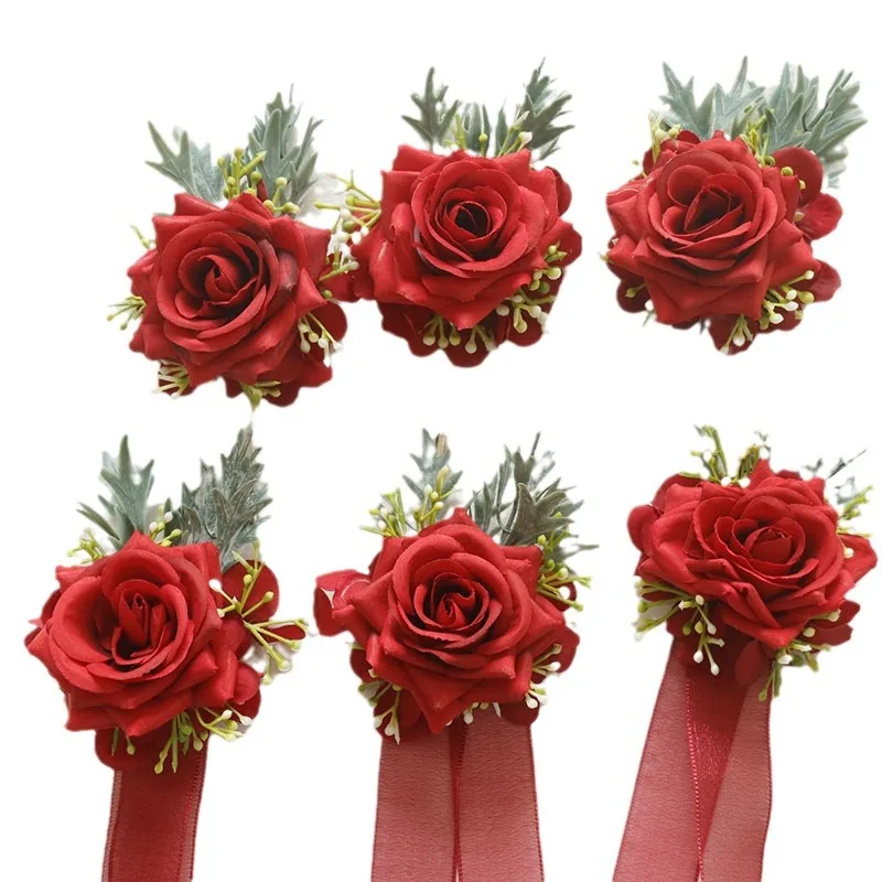 Boutonniere และ Corsage ข้อมืองานแต่งงานดอกไม้ป่าจําลอง Rose เจ้าสาวเจ้าบ่าวเพื่อนเจ้าสาว Man Supplies สีแดง