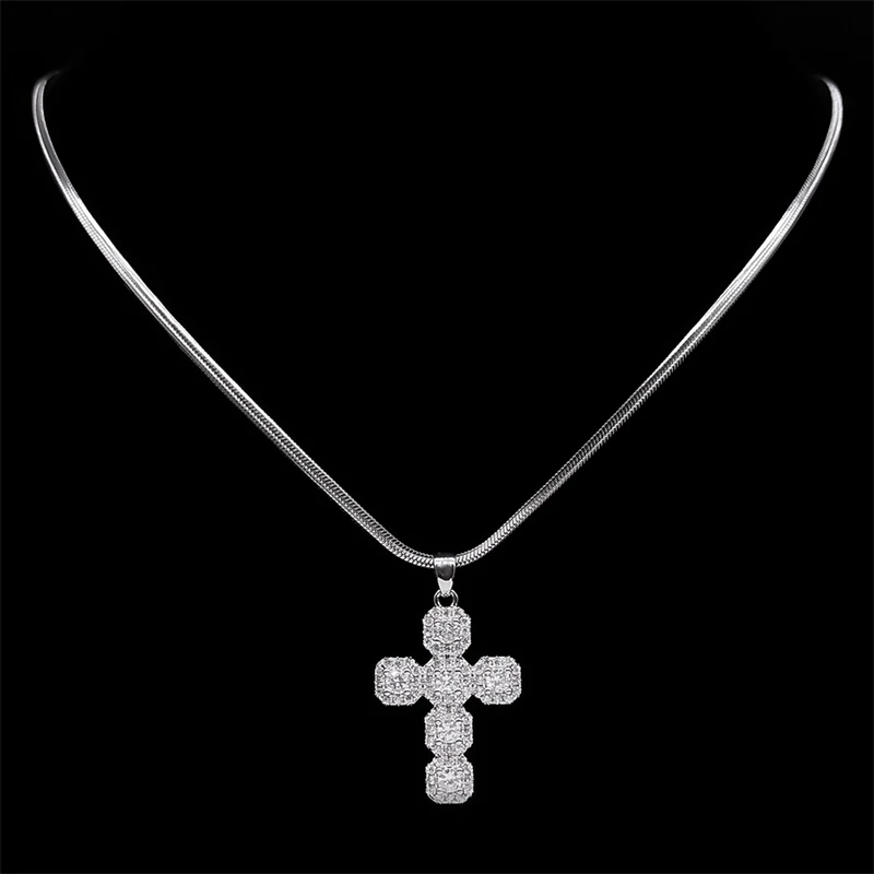 Shiny Full Crystal Zircon Cross Pendant Necklace for Women Men Stainless Steel Christian Necklaces Jewelry Collier Femme GG41-18