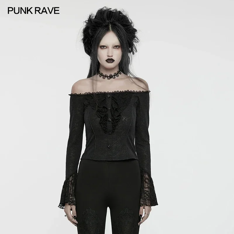 PUNK RAVE Women's Gothic Dark Sexy Off-shoulder Ruffles Rose Knit & Lace T-shirt Elegance Black Tops Daily Women Clothes