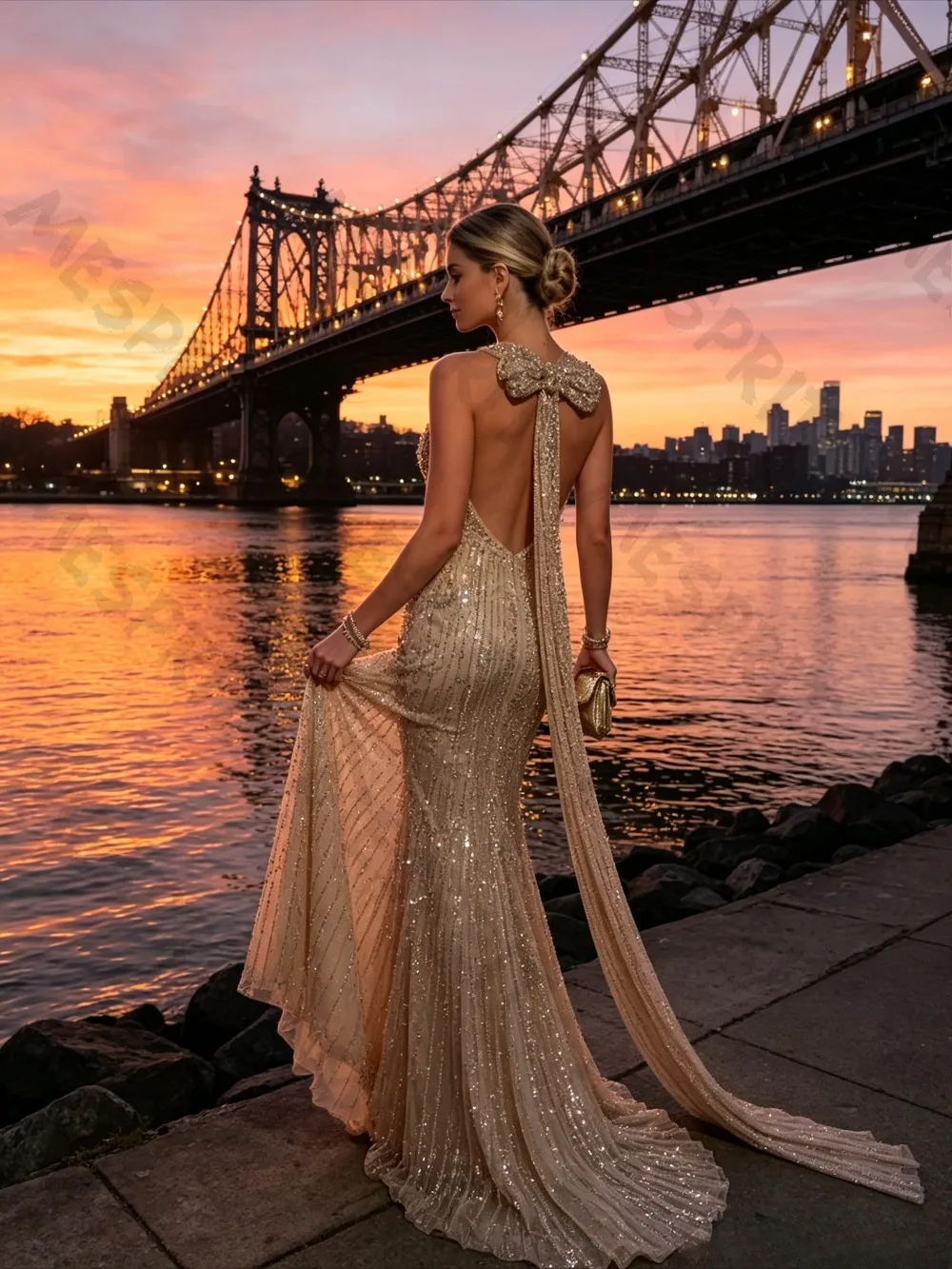 Customized Sexy Hanging Neck Bow Fish Tail Evening Gowns with Backless Crystal Nail Bead Hollow Out and Floor Banquet Dresses