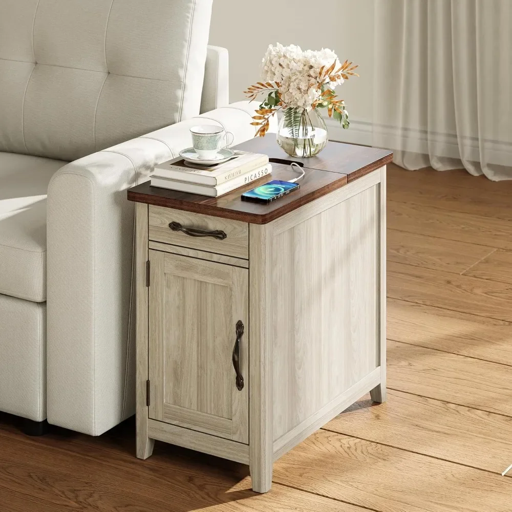

End Table W/Charging Station, Narrow Side Table for Living Room, Sofa Side Table with Drawer and Storage Cabinet for Home Office