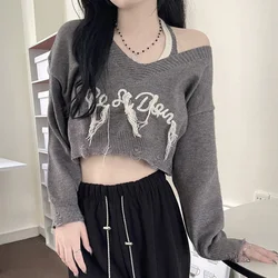 Femme Trend Sexy Casual Tassel V-neck Long Sleeve Pullovers Autumn Winter All-match Letter Knitting Sweater Odzież damska Tops