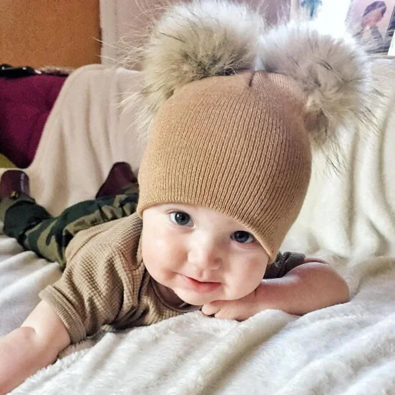 Winter Warm Children Knitted Hat Toddler Kids Baby Wool Hat Knit Beanie Cap Windproof Big Pompom Baby Boys Girls Fur Pom Pom Hat