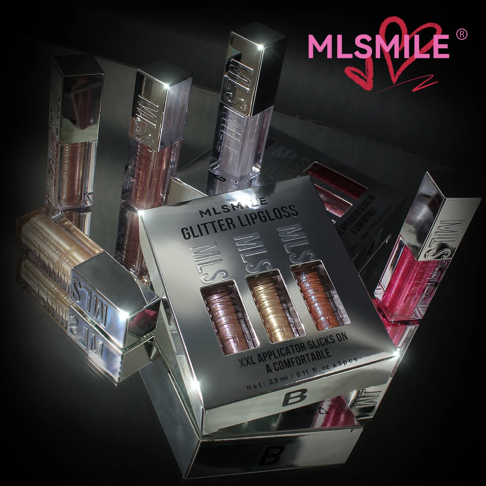 MLSMILE Burst Flash Lip Glaze Set,หัวแปรงขนาดใหญ่ Mirror Pearlescent Lip Honey,Fine Flash Liquid ลิปสติก 3 ชิ้น,วาเลนไทน์