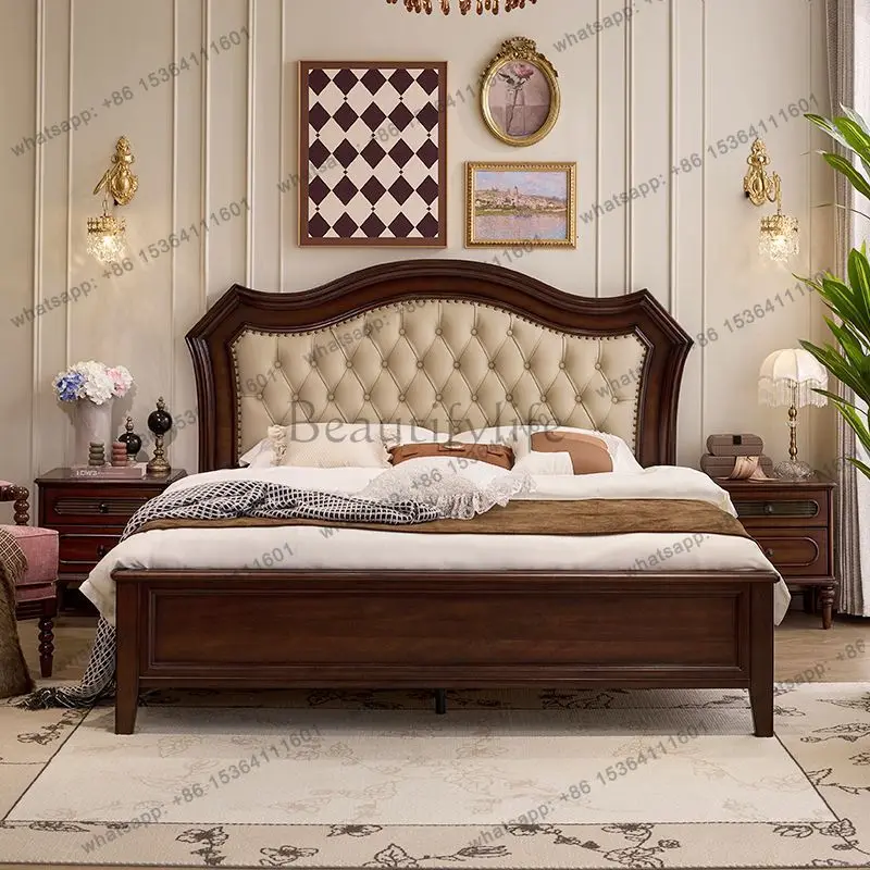 Amerikaans retro lederen massief houten eenvoudig slaapkamermeubilair hoofdslaapkamer groot bed antiek tweepersoonsbed