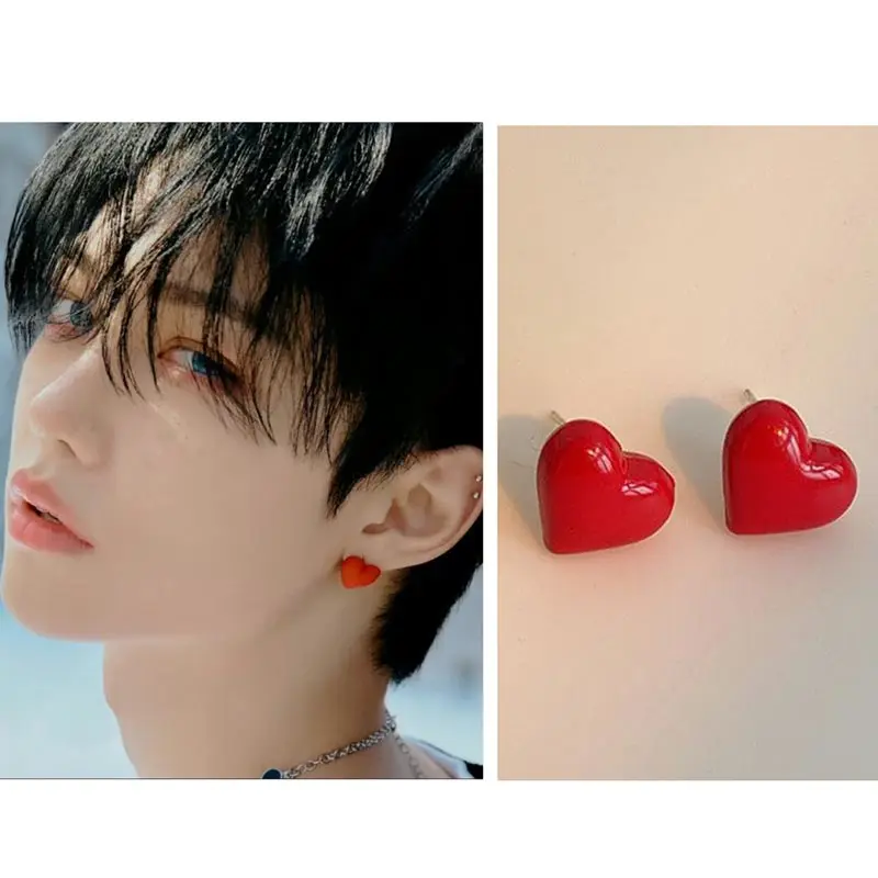 Fashion Red Heart Ear Studs Couple Jewelry Personalized Earrings for Women Men Idol Accessories Kpop Skz Bang Chan Felix Same