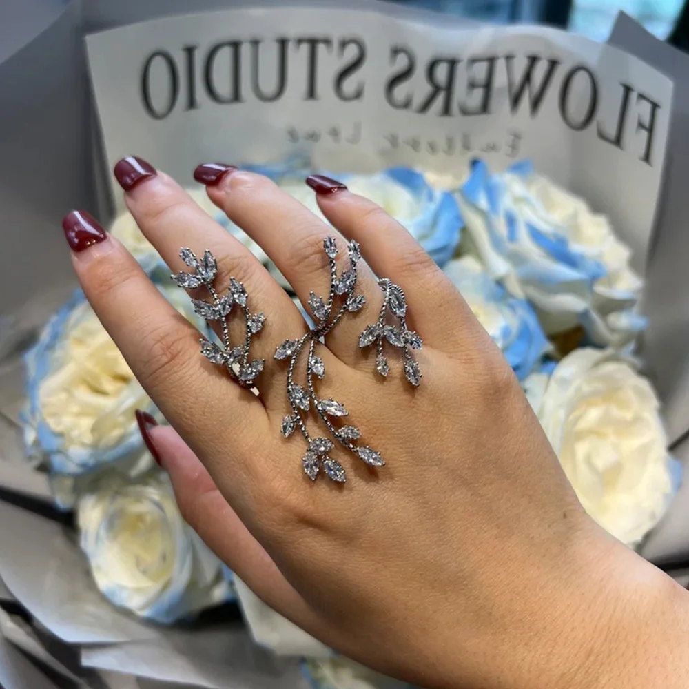 XSBODY Leaf Finger Ring Charm for Women Decoration Adjustable Cubic Zircon Wedding Accessories Bride Hand Jewelry Party Gift