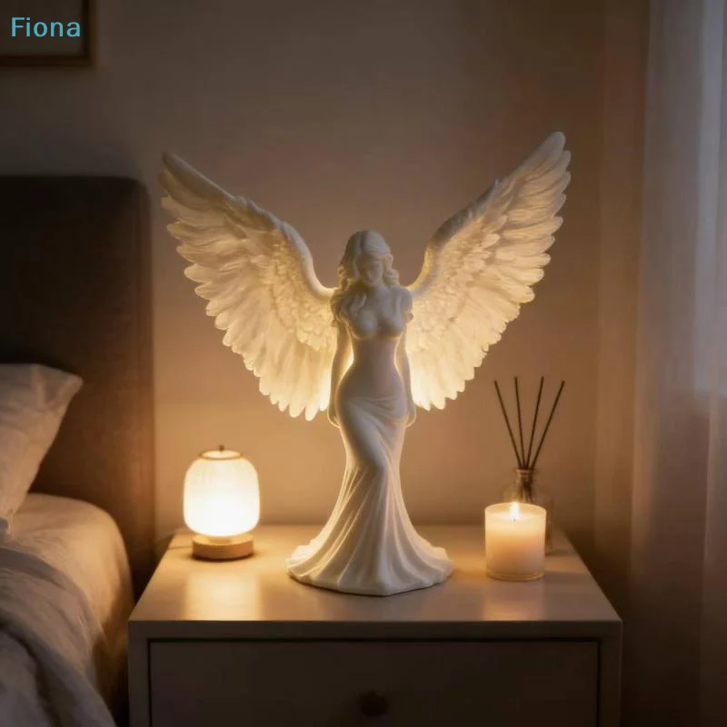 ♬ Weiße Engelsflügel-Figur mit Fließendem Gewand, Engel-Statue aus Kunstharz für Heimdekoration, Wohnzimmer- und Schlafzimmer-Ornament