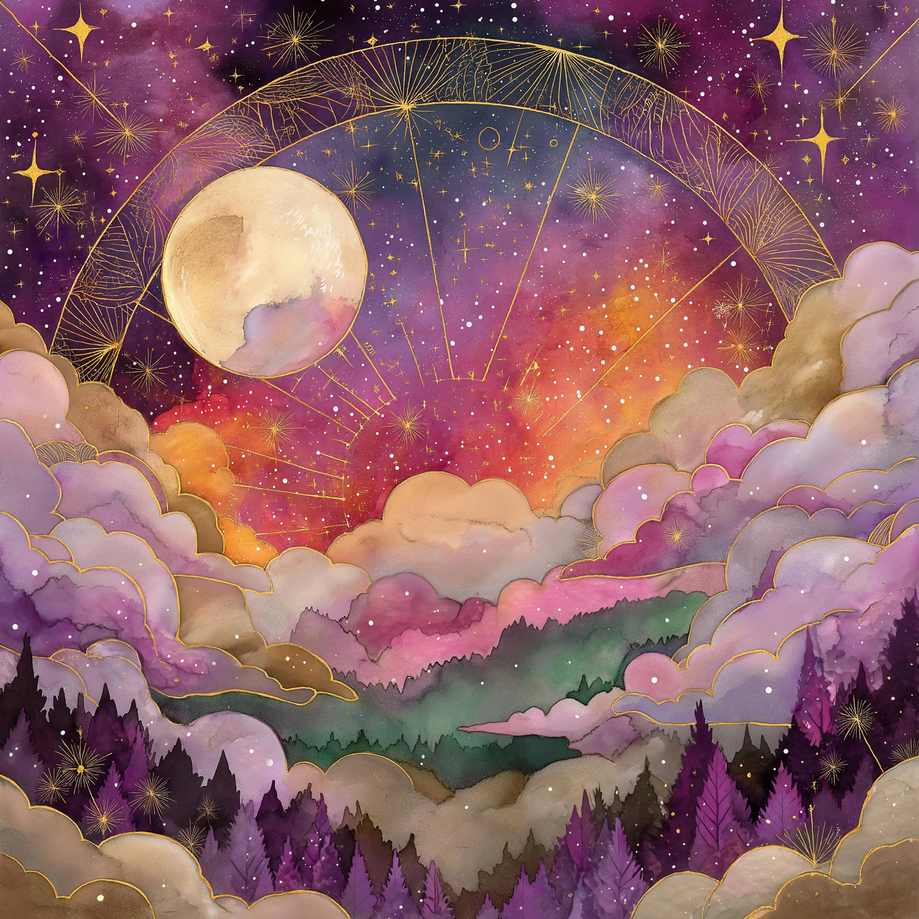 50/75/110/137cm Mystical Moon Star Celestial Tarot Tablecloth Witchy Watercolor Forest Altar Cloth Divination Meditation Decor