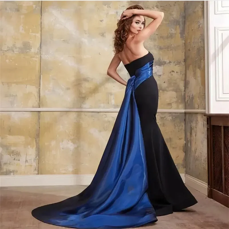 2024 Fashion Long Black Prom Dresses Mermaid Strapless Sweep Train Party Dress Maxi Formal Evening Dresses for Women