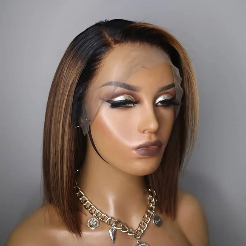 13X4 Chocolate Brown Straight Bob Wig Short Straight HD Lace Frontal Wig Natural Hairline Pre Plucked  Free Part for women