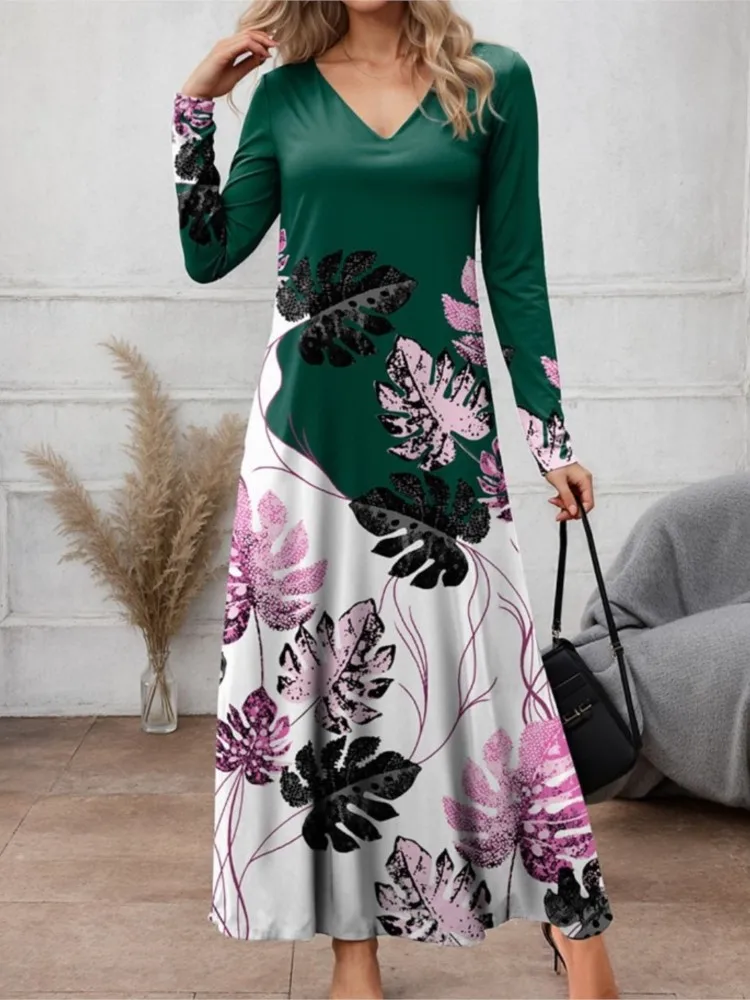 

Spring And Autumn Fashion V-neck Long Sleeve Printed Midi Dresses 2024 For Women Casual A-line Dress Ladies Elegant Loose Dress