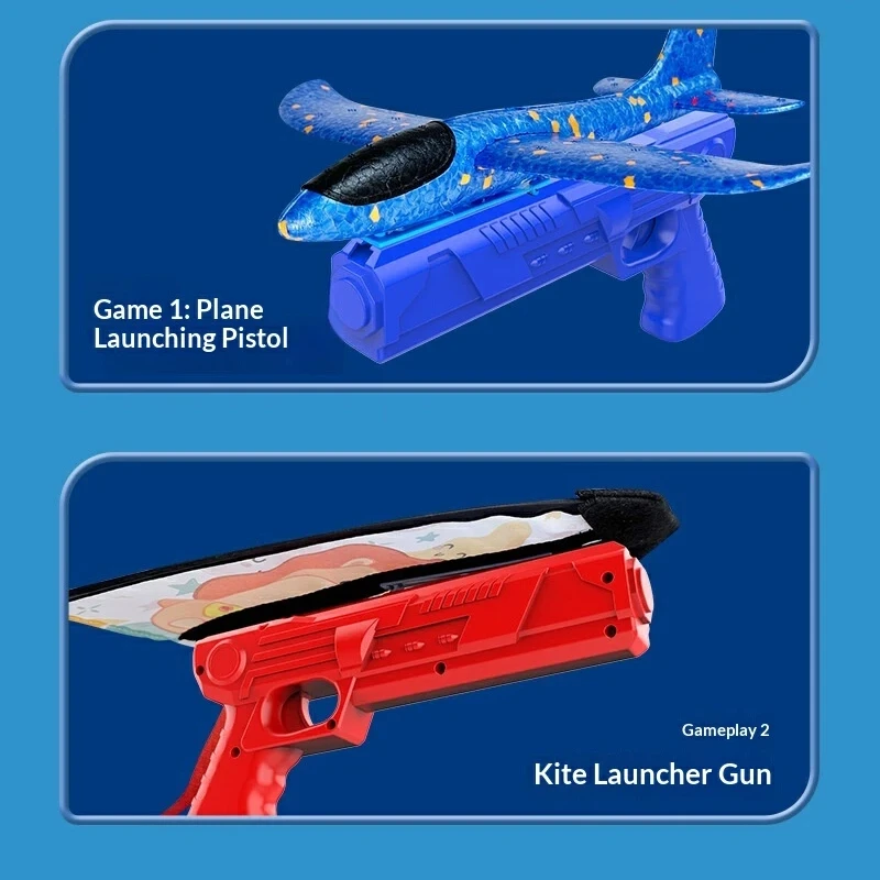 Nieuwe kinder katapult vliegtuigpistool met flitsende schuimvliegtuigen en cartoon vlieger katapult buitenspeelgoed voor jongens kinderen