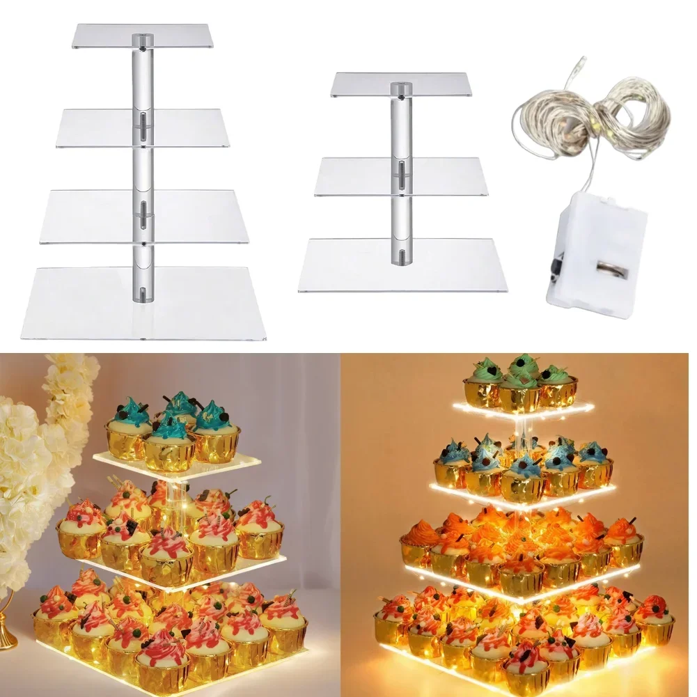 

3/4 Tier Acrylic Cupcake Display Stand with LED Light Square Display Stand Cake Serving Platter for Birthday Wedding Party