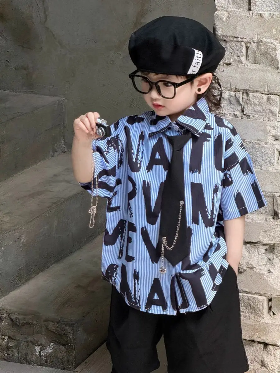 

3 PCS set Summer Boy Clothing set Letter Shirt+overalls Shorts + Tie Kid Children baby toddler Gentleman Handsome clothes 2-9 y