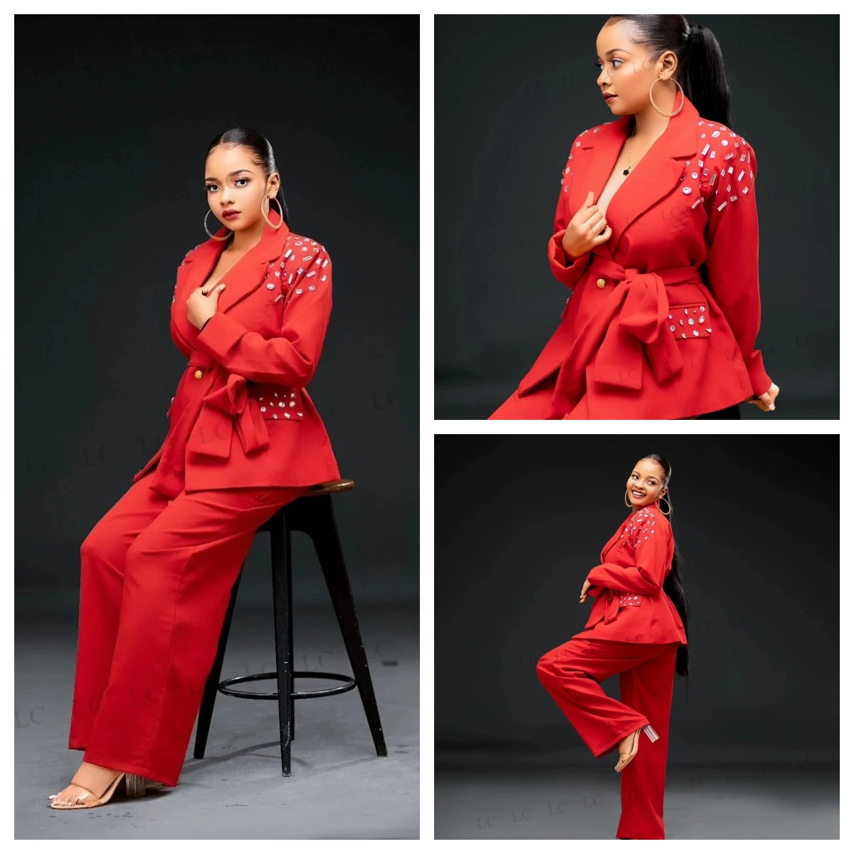 

Red Women Suits 2 Pieces Blazer Pants Prom With Belt Evening Gowns Diamonds Custom Made Plus Size Mother Of The Bride Tailored