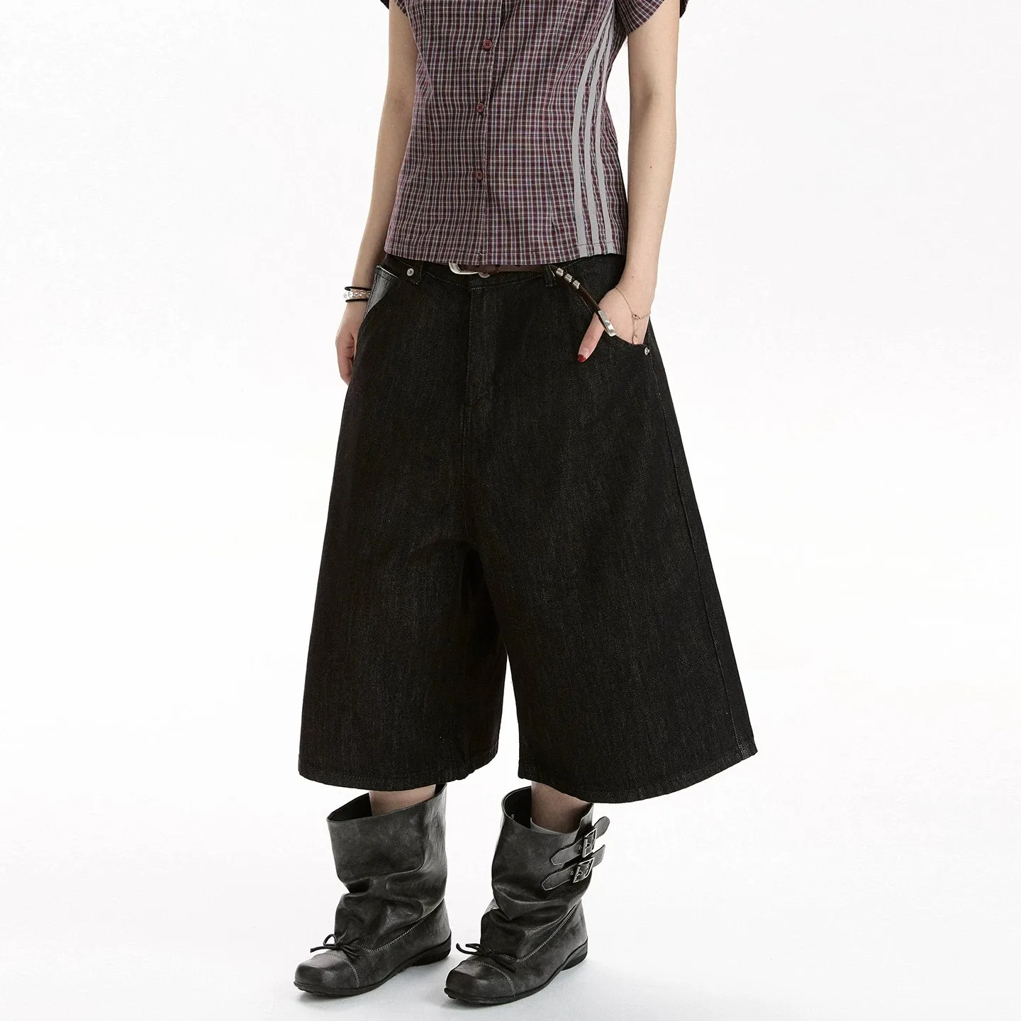 Women Cropped Jeans 2026 Retro Black Denim Capri Jeans Loose Wide Leg Cropped Pants Unisex Summer Casual Design Short Trousers