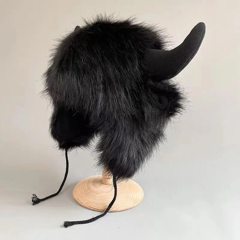 Big black cow fur thunderbolt hat winter warm ear protection personality windproof cold riding electric car cotton hat