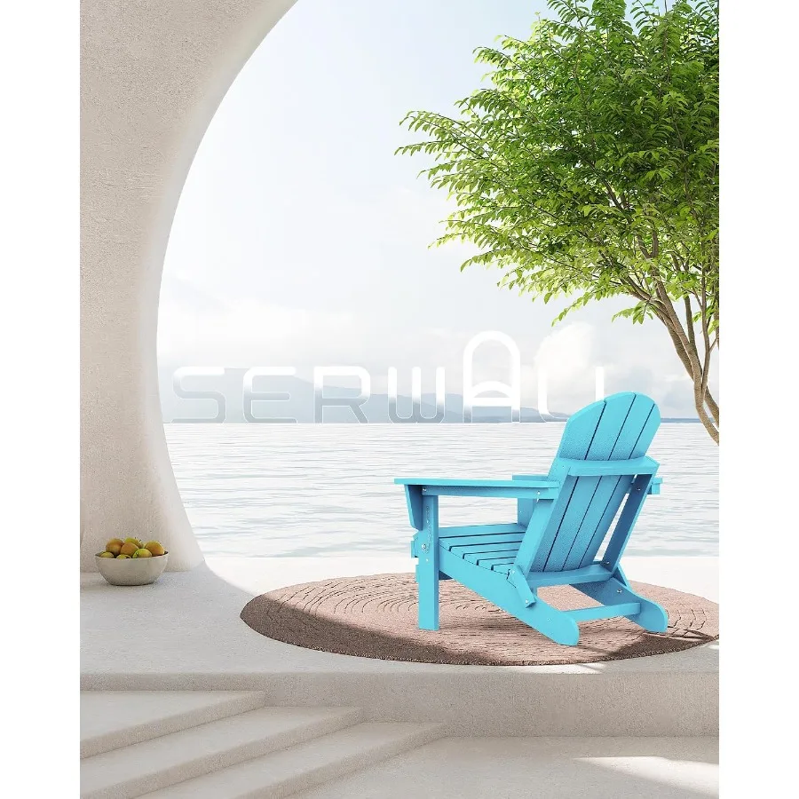 Patio Folding Adirondack Chair Set of 2 with Blue Fabric and Weather-Resistant Polywood for Outdoor Relaxation