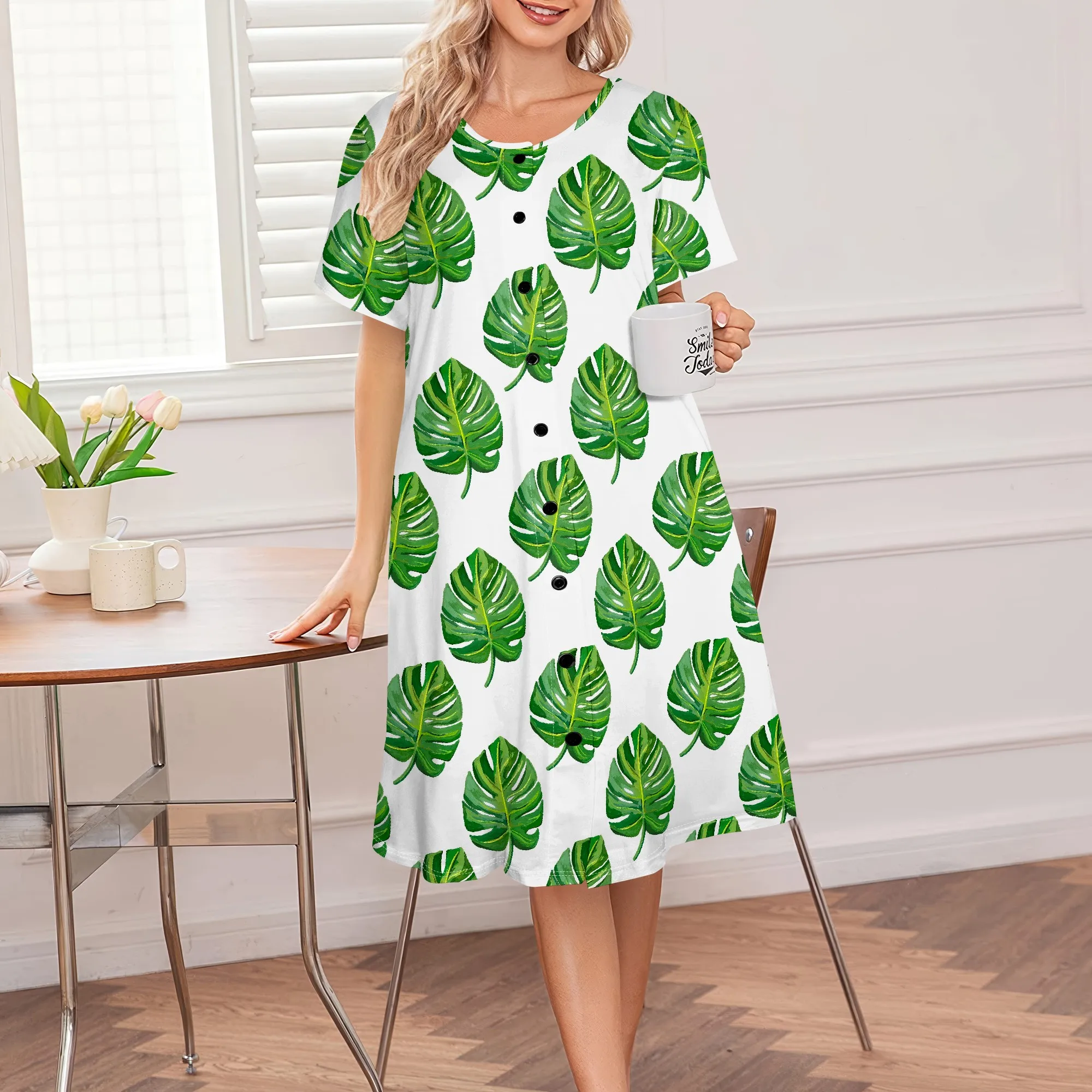 

Women's Summer Dress Leaf Print Round Neck Button Loose Breathable Midi Skirt for Beach Camping Hiking Outdoor Festival