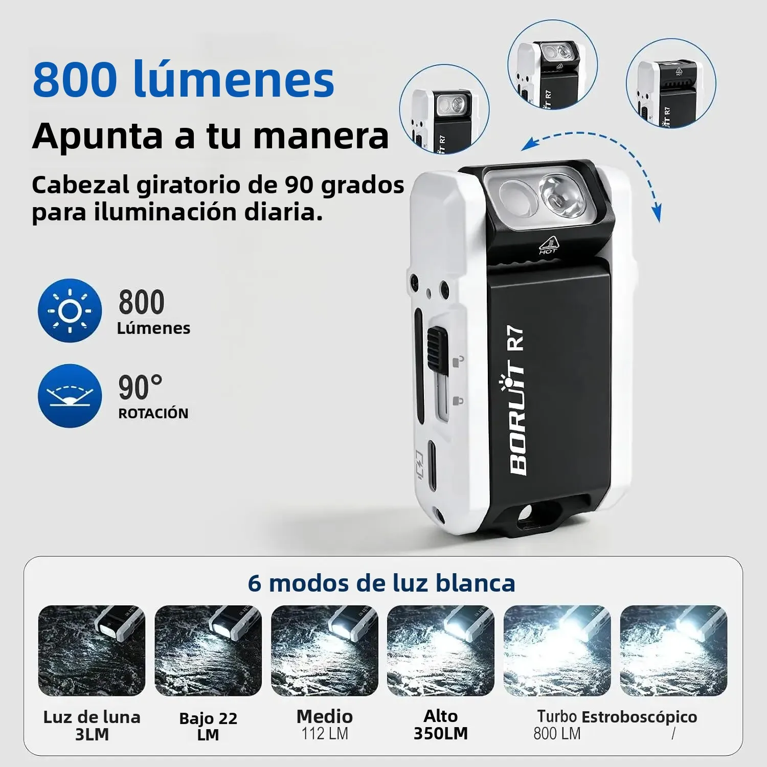 Linterna BORUiT R7 de 800 lúmenes, multicolor, con carga tipo C, llavero, imán, resistente al agua, para camping, hogar y emergencias.