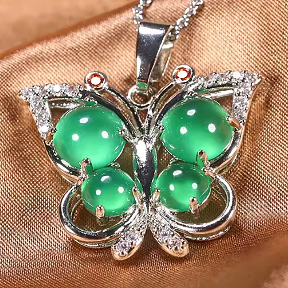 

Natural Emperor Green Butterfly Silver Inlaid Jade Pendant Necklace