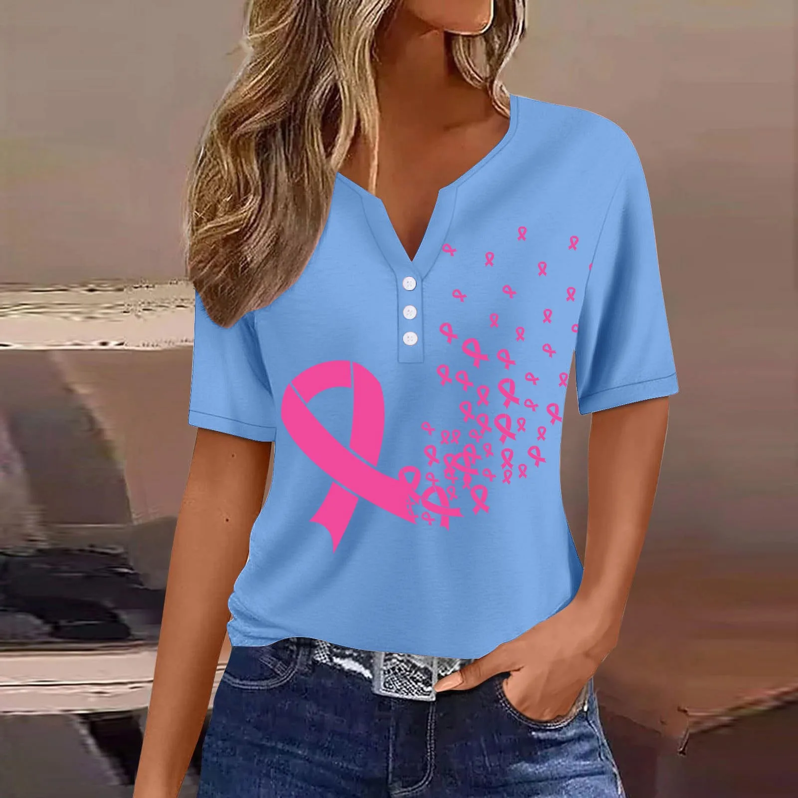 October Breast Cancer Awareness Graphic T Shirts Women v Neck Short Sleeve button Tops tee loose casual female Tee shirt