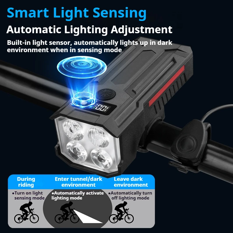 Light Sensor LED Bicycle Headlight Safety Flashlight Solar Power/Type-C Charging MTB Bike Front Light for Night Outdoor Cycling