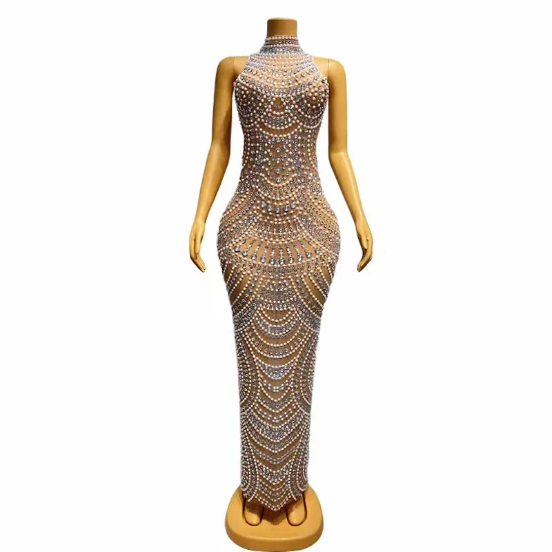 Błyszcząca Sukienka Damska z Elastycznej Siateczki, Ozdobiona Cyrkoniami i Perłami, Długa Sukienka Wieczorowa na Imprezę, Kostiumy Sceniczne, Ubrania Festiwalowe XH