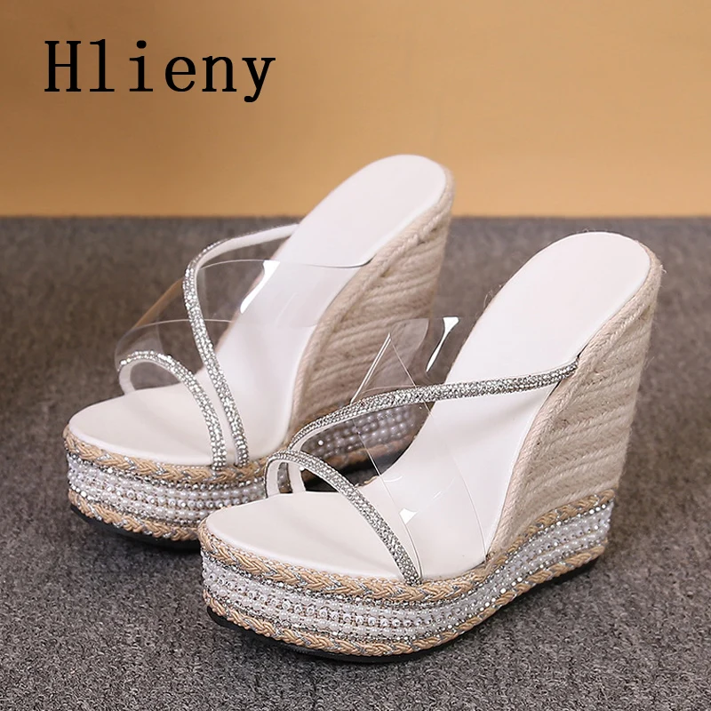 Hlieny Size 34-42 Sexy Straw Platform Party Slippers Wedges High Heels PVC Transparent Sandals Summer Crystal Women Shoes