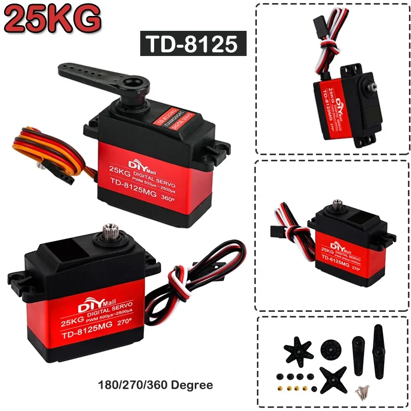 TD-8125MG 25KG 고토크 디지털 서보 방수 메탈 기어 360/270/180도 DIY 로봇 팔/RC 자동차 PWM 제어 서보