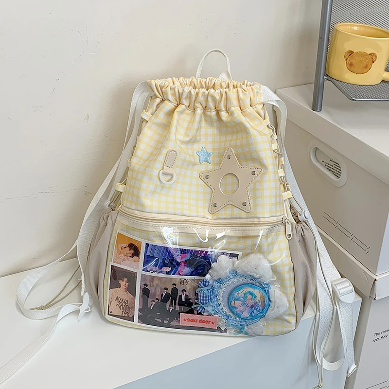 Tas Ransel Wanita HAEX Harajuku Plaid Tren 2025 Kasual Sehari-hari untuk Pelajar Mochilas Para Mujer Dopamine Clear Window Ita Bag Wanita