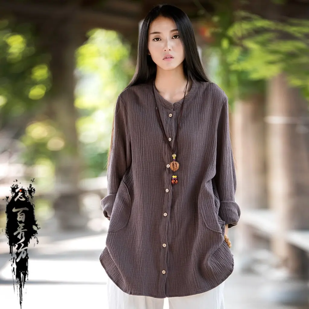 

Autumn Winter Women's Long-Sleeved Jacket Cotton Linen Double-Layer Soft Plaid Retro Casual National Style Outerwear