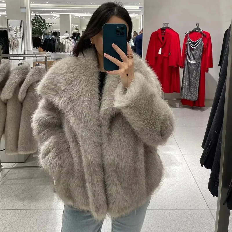 Luxury Fluffy Fur Coat For Women Loose Turn Down Collar Long Sleeve Warm Coats 2024 Autumn Winter Chic Female Outerwear Clothing